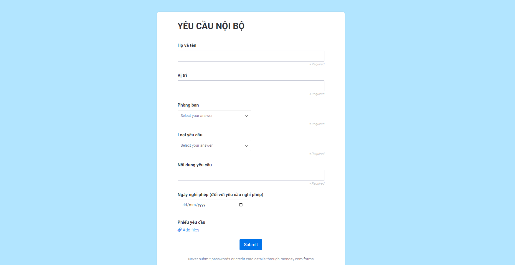 Form điền thông tin yêu cầu nhanh chóng, thông tin tự động cập nhật và phân loại xử lý